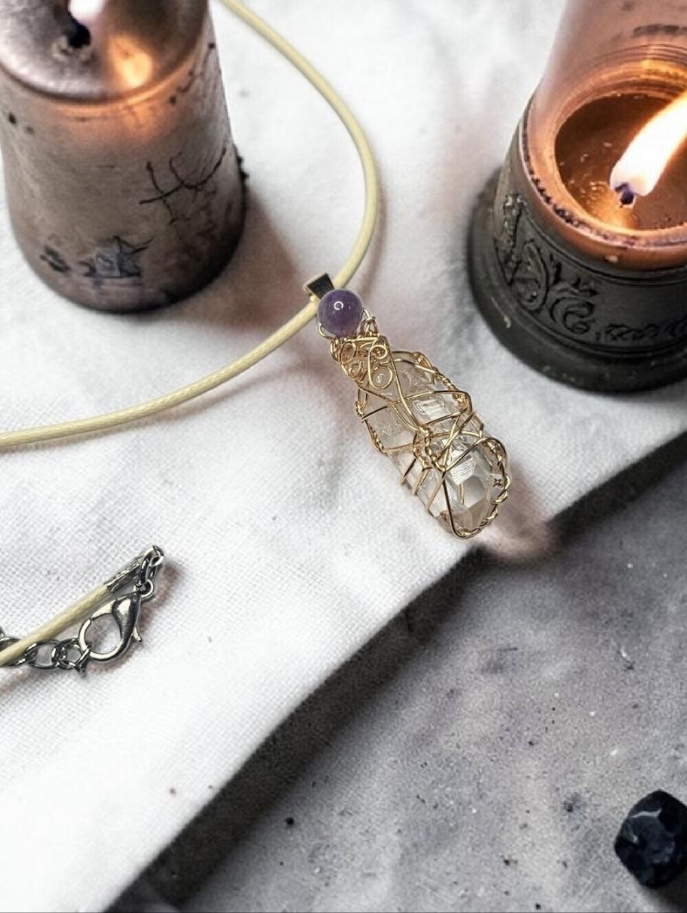 Gold Wire-Wrapped Crystal Pendant Necklace - Cream Cord